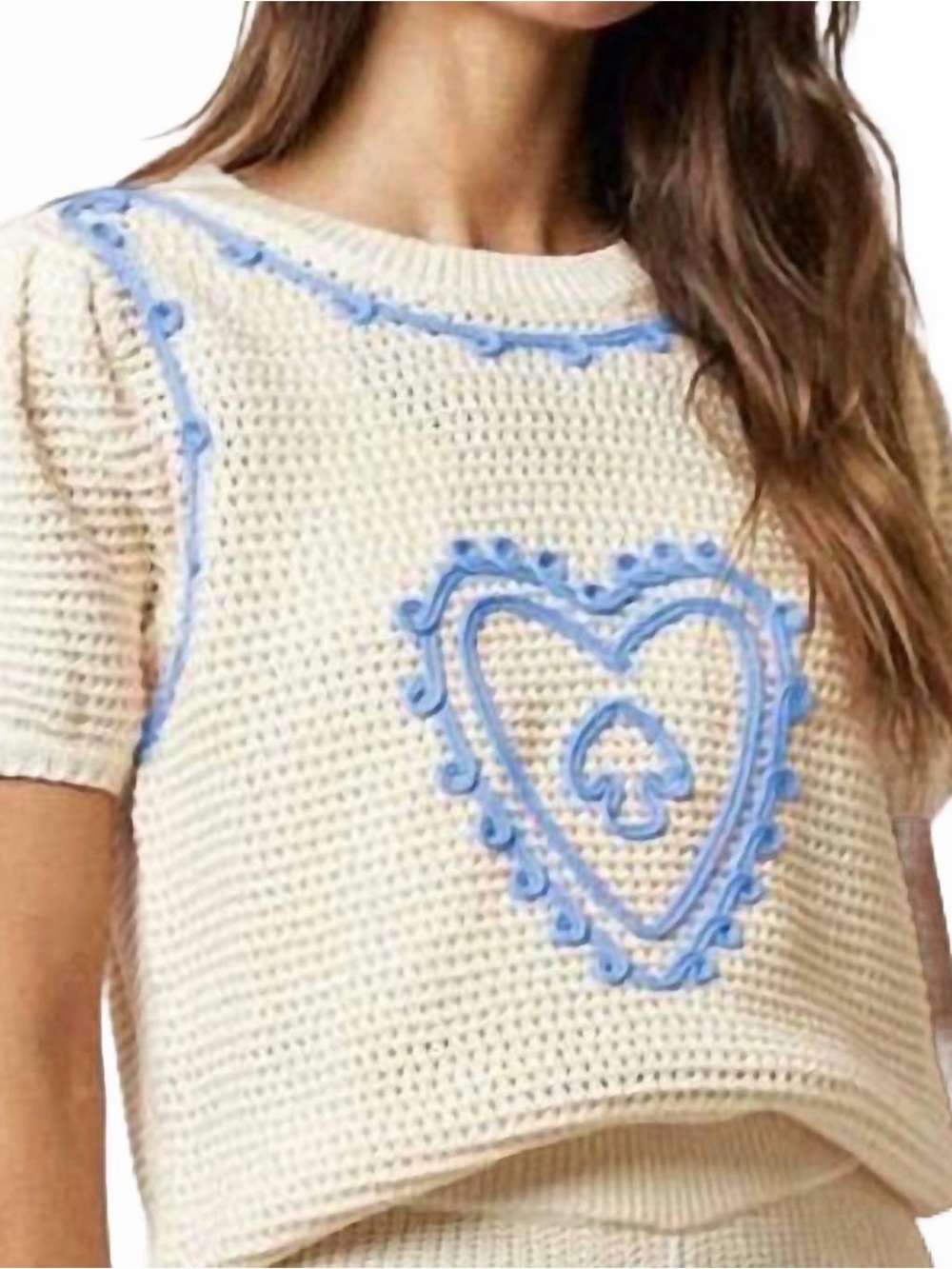 Cream Short-Sleeve Crochet Sweater with Blue Heart Accent